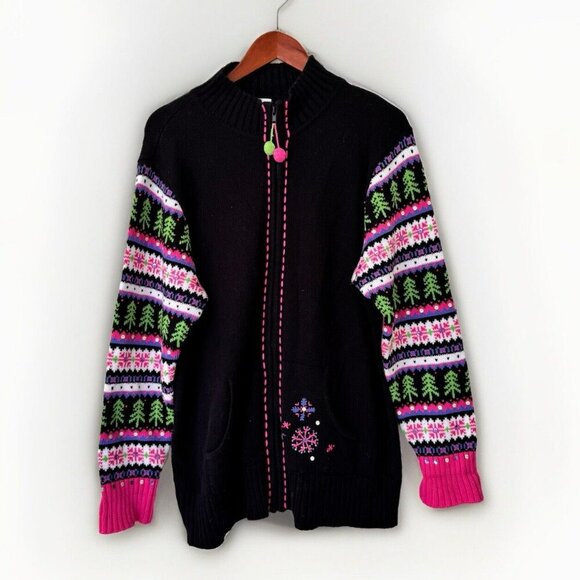 Quacker Factory sweater XL sleeve zip up Black pink Nordic Snowflakes - Picture 1 of 6